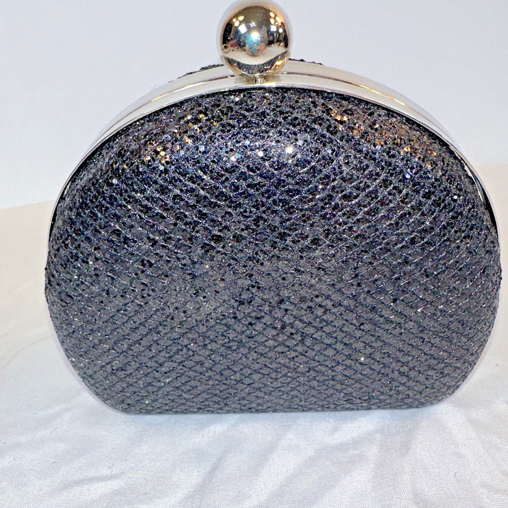 X'est Jolie Black Glitter Evening Clutch Hard Case Dome Purse NWT Silver Chain